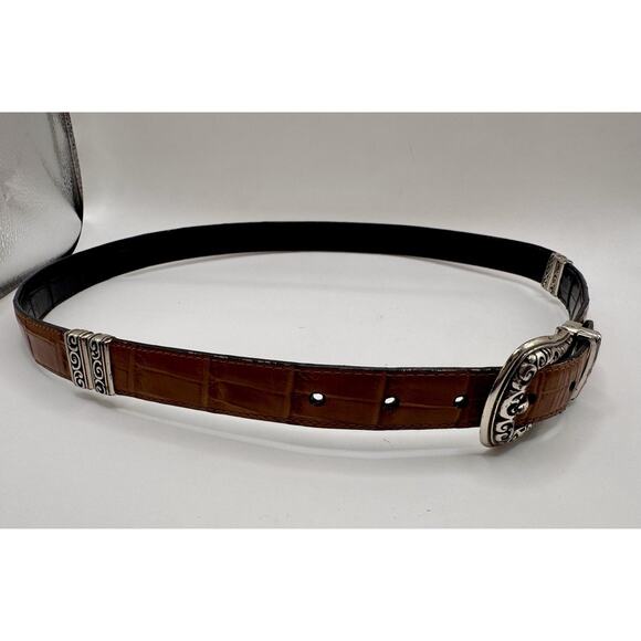 Reversible Brighton Style Leather Belt XL Brown Navy Croc Embossed Scroll Buckle main image 7